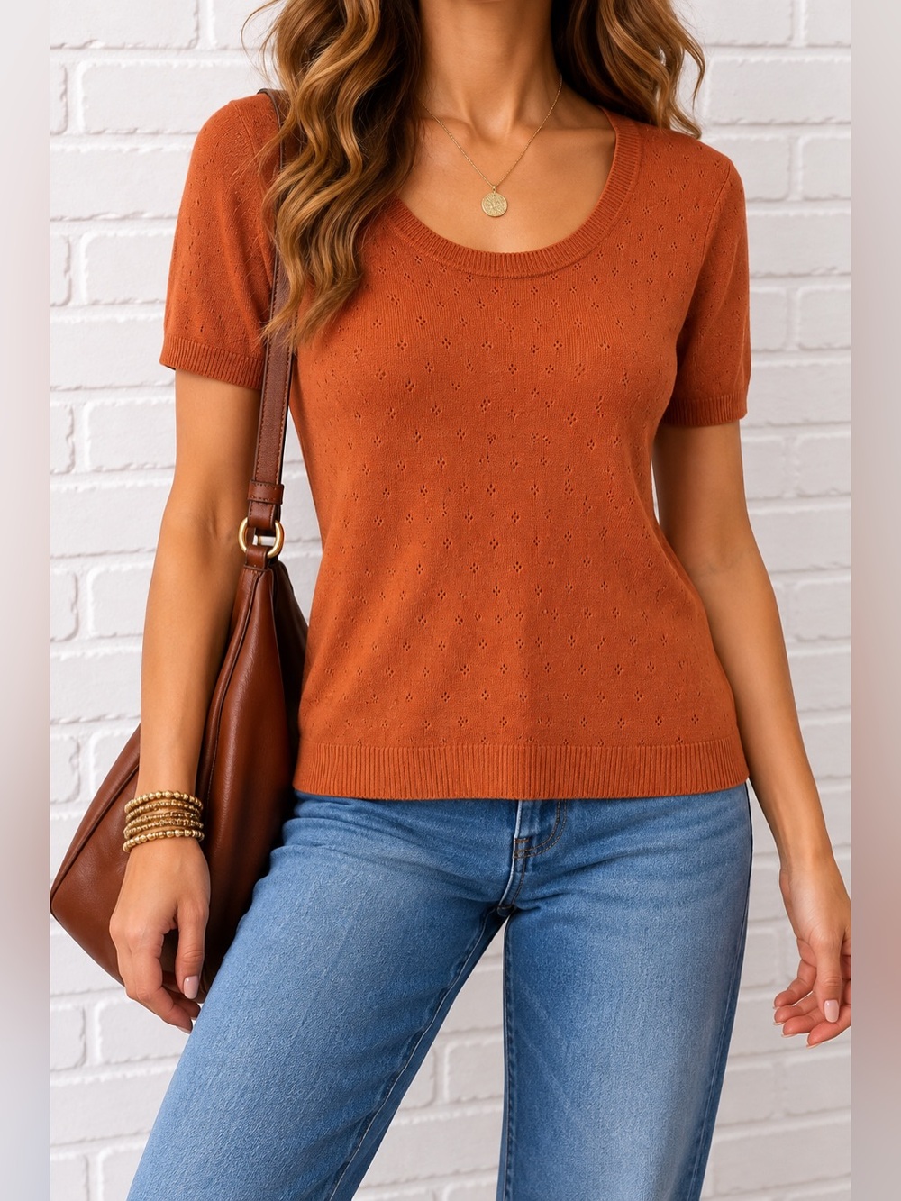 Vintage Y2K White Stag Orange Pointelle Knit Sweater Top NWT S